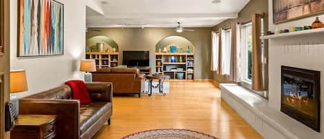 TV, fireplace, video games, offices