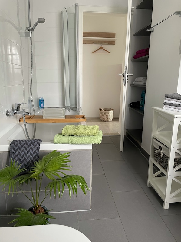 Hair dryer, towels, soap, shampoo