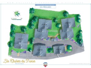 A floor plan of Les Menuires, featuring multiple chalets labeled from A to E, arranged around a central courtyard with green spaces and pathways.