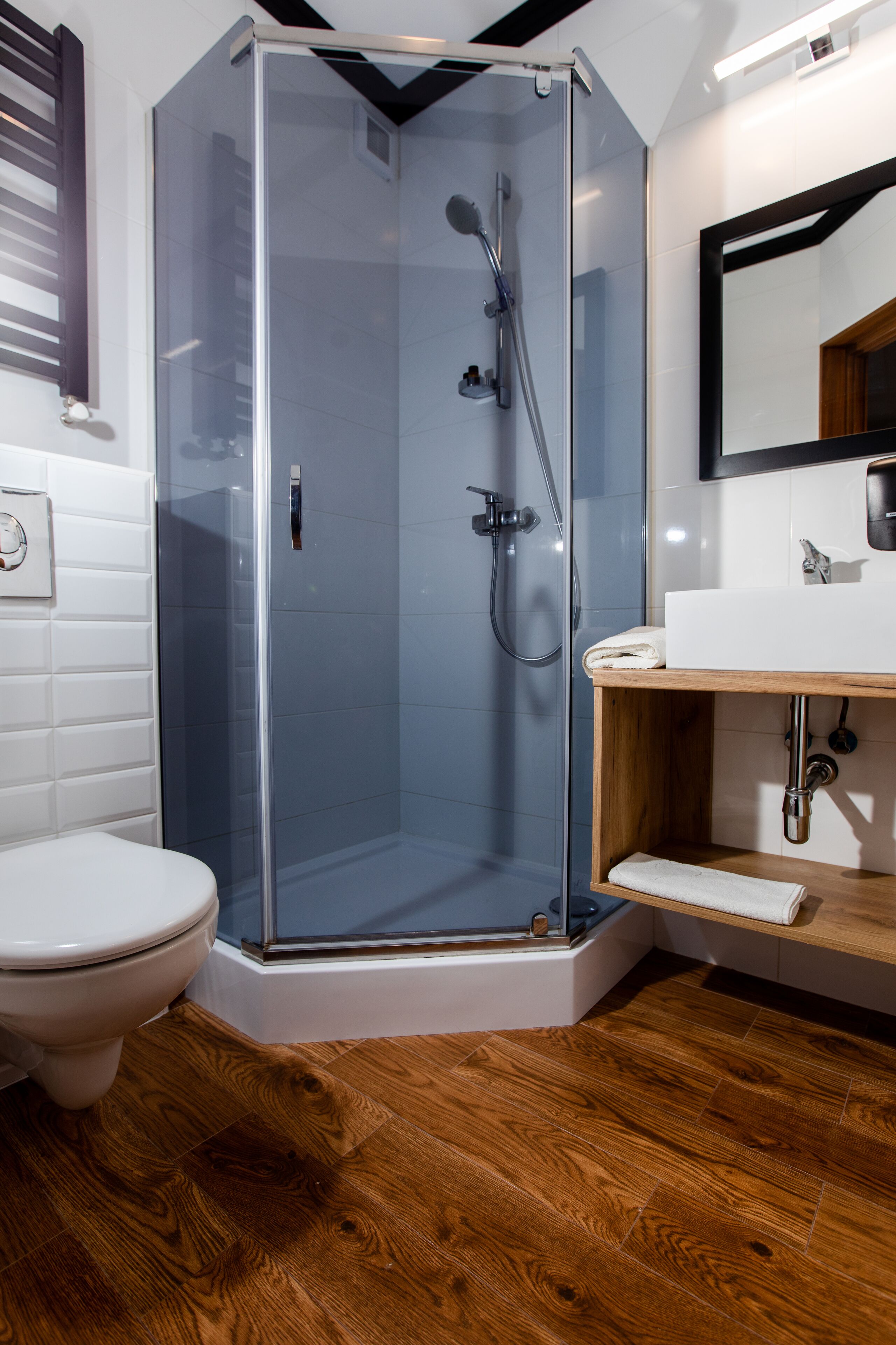 A modern bathroom with a glass-enclosed shower, a white toilet, and a wooden vanity with a mirror.