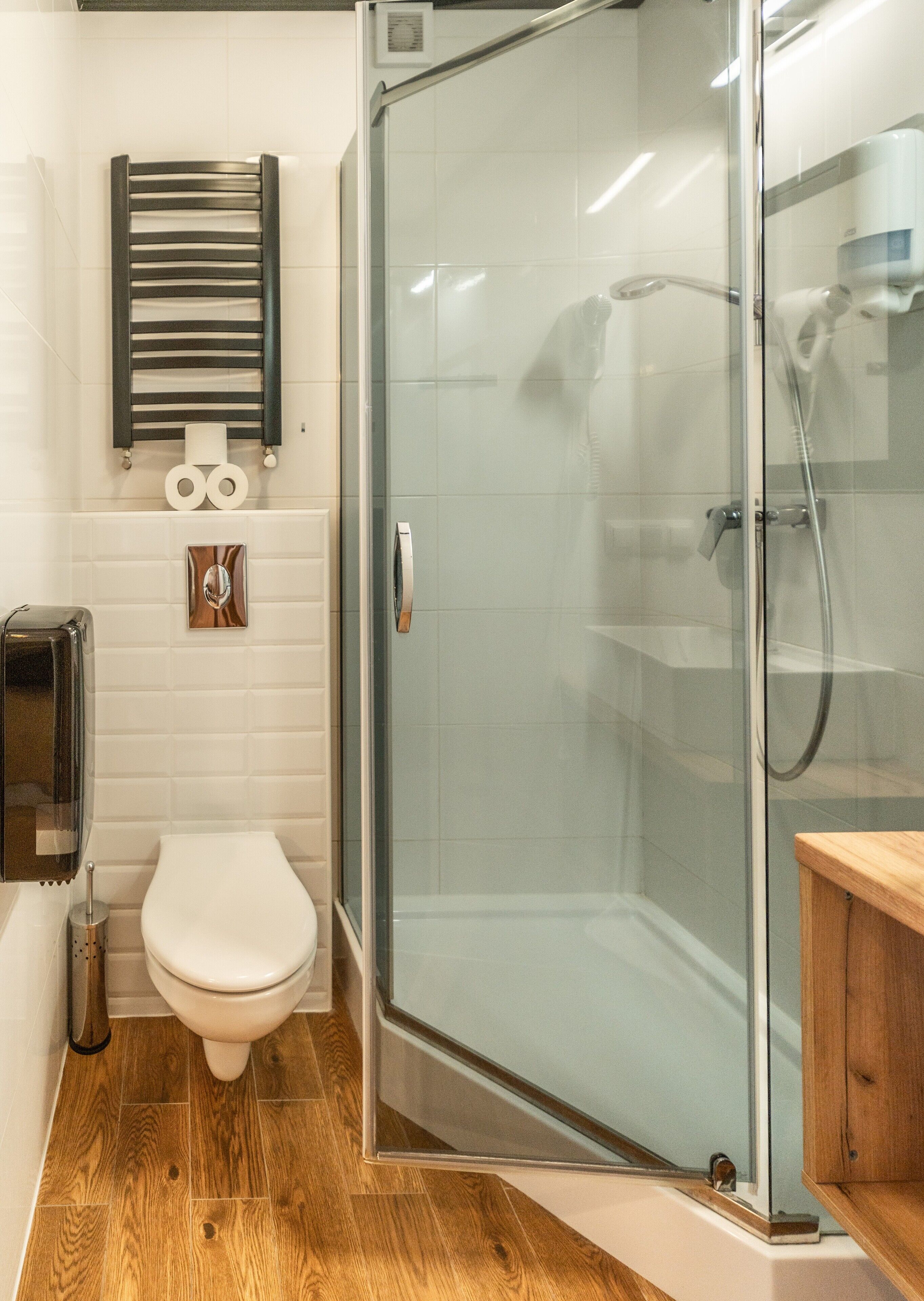 A modern bathroom with a glass-enclosed shower, a toilet, and a wooden vanity.