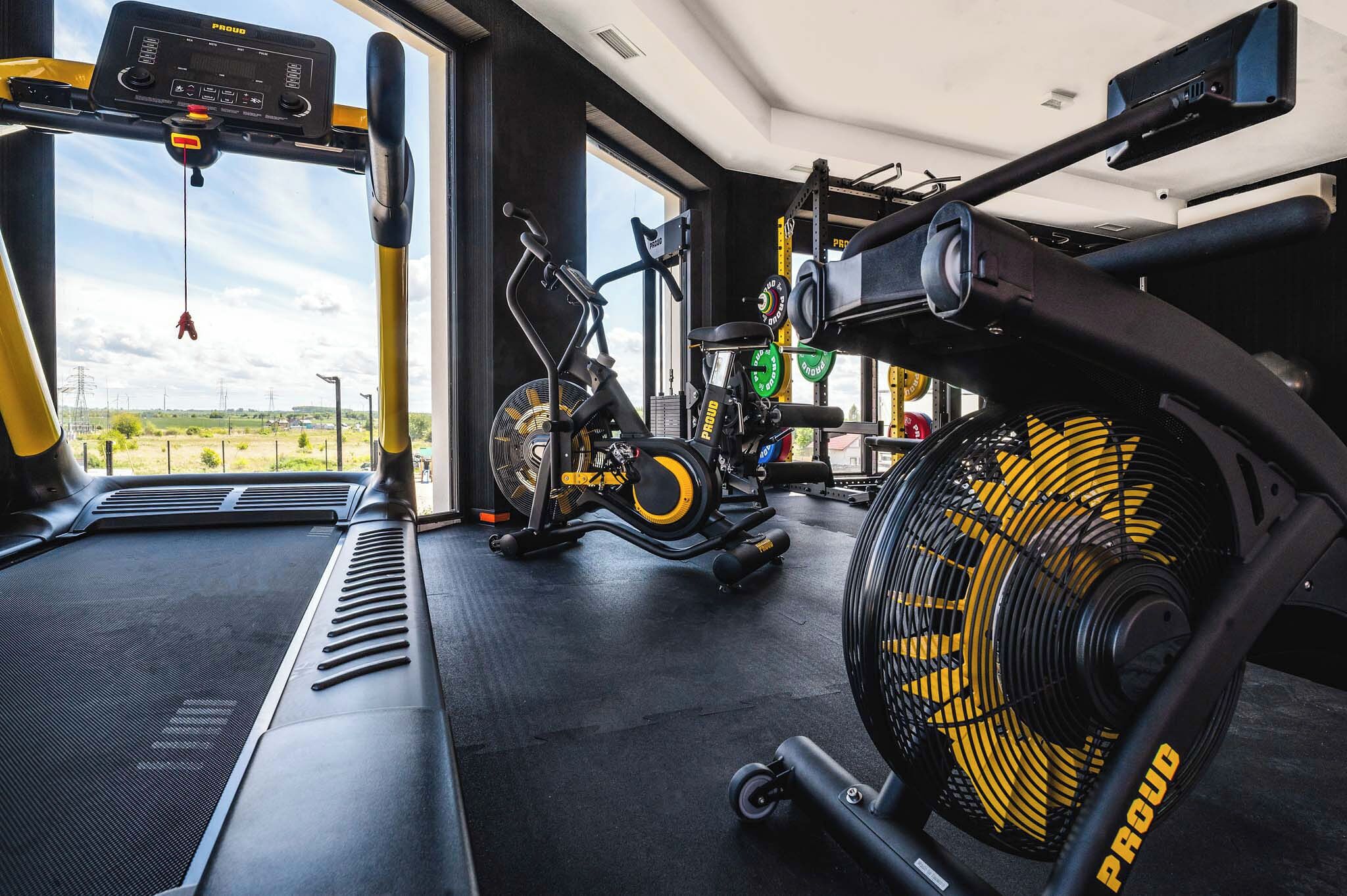 A gym with a treadmill, stationary bike, and exercise equipment.