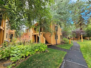 A wooden cabin-style building with a paved pathway leading to the entrance, surrounded by lush greenery and trees.