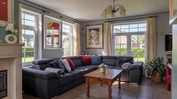 Smart-tv, een open haard, een dvd-speler en boeken