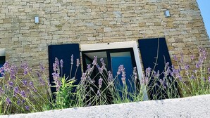 Un bâtiment moderne avec une façade en pierre, deux fenêtres dotées de volets sombres et une rangée de fleurs violettes devant.