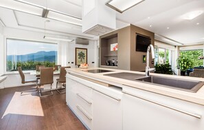 Fridge, stovetop, dishwasher, coffee/tea maker