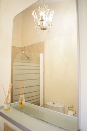 Ensemble douche/baignoire, sèche-cheveux, serviettes fournies, savon