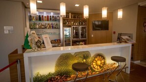 Una zona reception con un bancone, un bar e posti a sedere. Si vedono scaffali con bottiglie e un televisore appeso al muro.