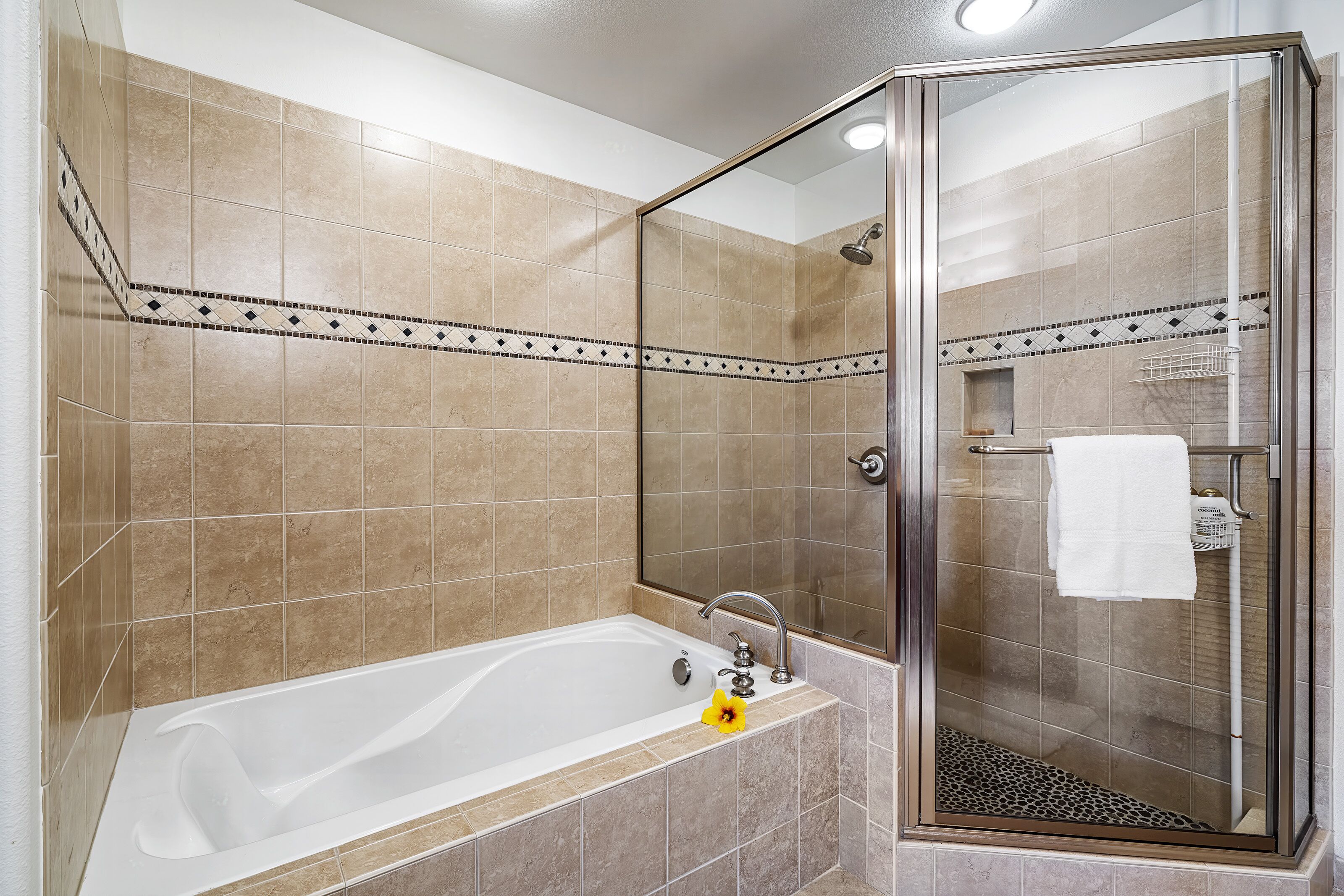 Combined shower/tub, hair dryer, towels