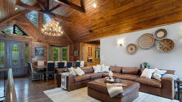 Télévision, cheminée, lecteur de DVD, livres