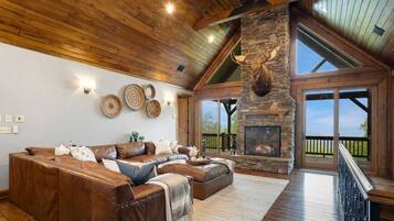 Télévision, cheminée, lecteur de DVD, livres