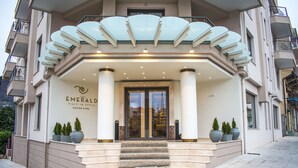 A hotel entrance with a glass canopy, steps leading up to the doors, and potted plants.