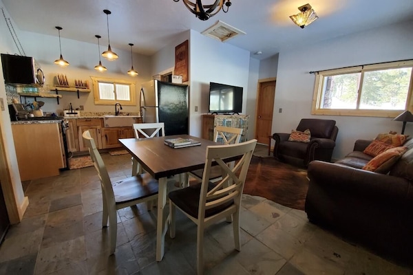 Smart TV, fireplace, DVD player, books