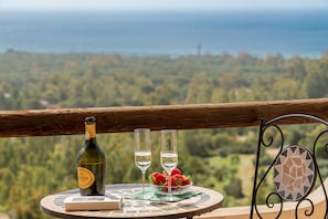 A table with a bottle of wine, two glasses, and a bowl of strawberries on a balcony overlooking a scenic landscape.