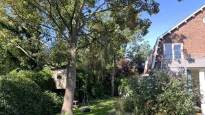 Ein Garten mit Baum, Schaukel und einem Ziegelhaus.