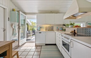 Fridge, stovetop, dishwasher, coffee/tea maker