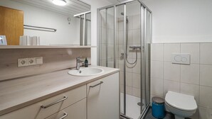 Ein modernes Badezimmer mit einer Duschkabine, einem Waschbecken mit Spiegel darüber und einer Toilette.