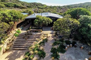 A modern house with a sloped roof, surrounded by a natural landscape with steps leading to the entrance. - Barefoot in Blairgowrie (Blairgowrie)