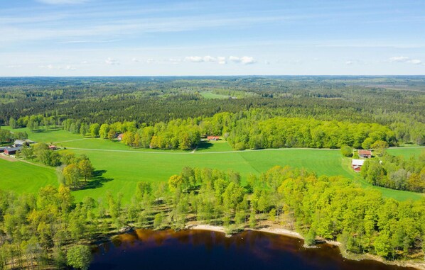 An aerial view of a rural landscape with green fields, scattered trees, and a small body of water.