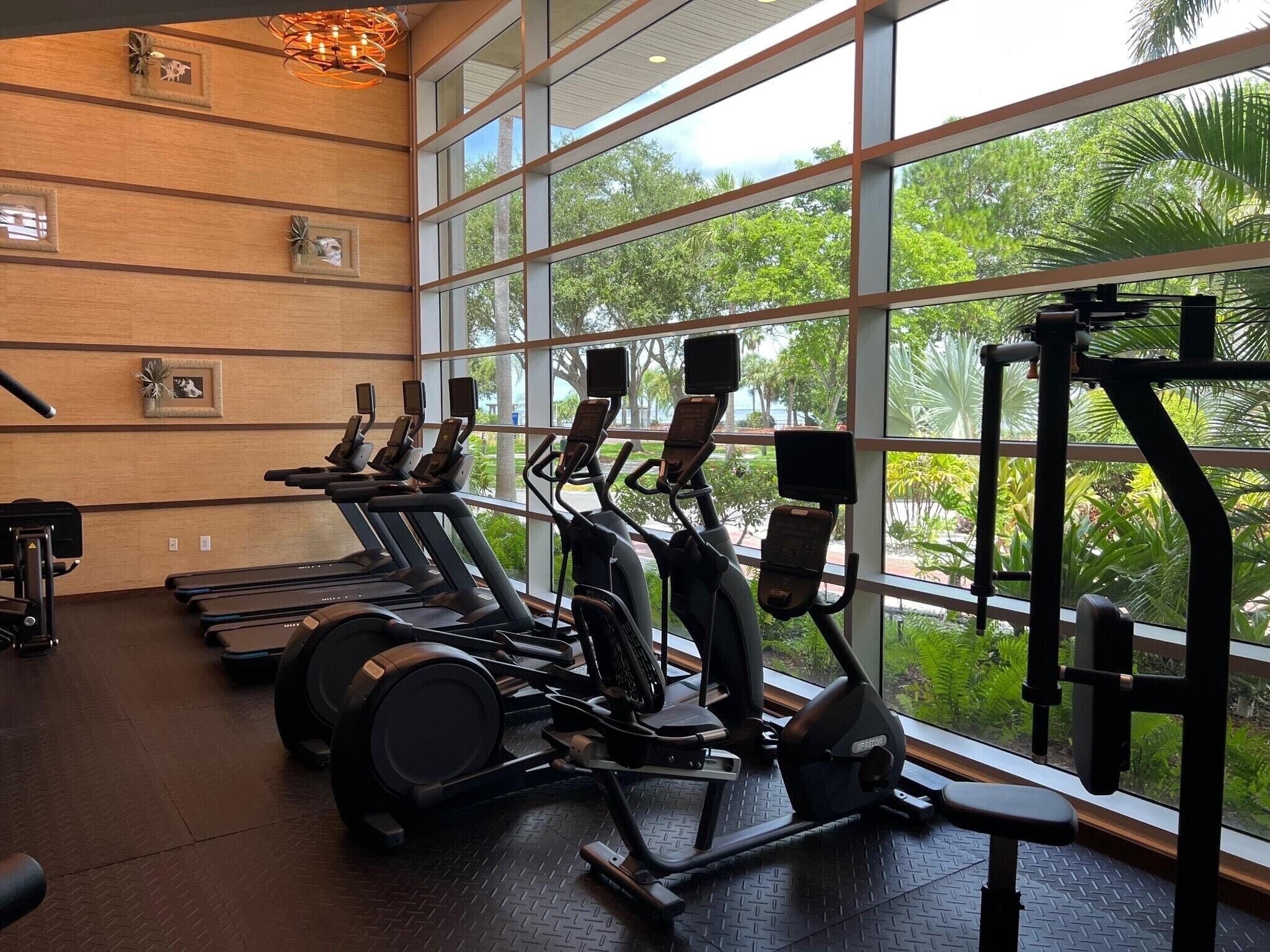 Une salle de sport équipée de tapis de course, de vélos elliptiques et d’appareils de musculation, avec de grandes fenêtres donnant sur un espace verdoyant.
