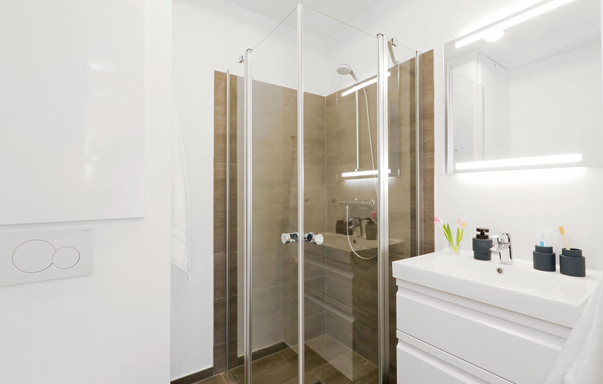 A modern bathroom with a glass-enclosed shower, a white vanity with a mirror, and a small vase with flowers.