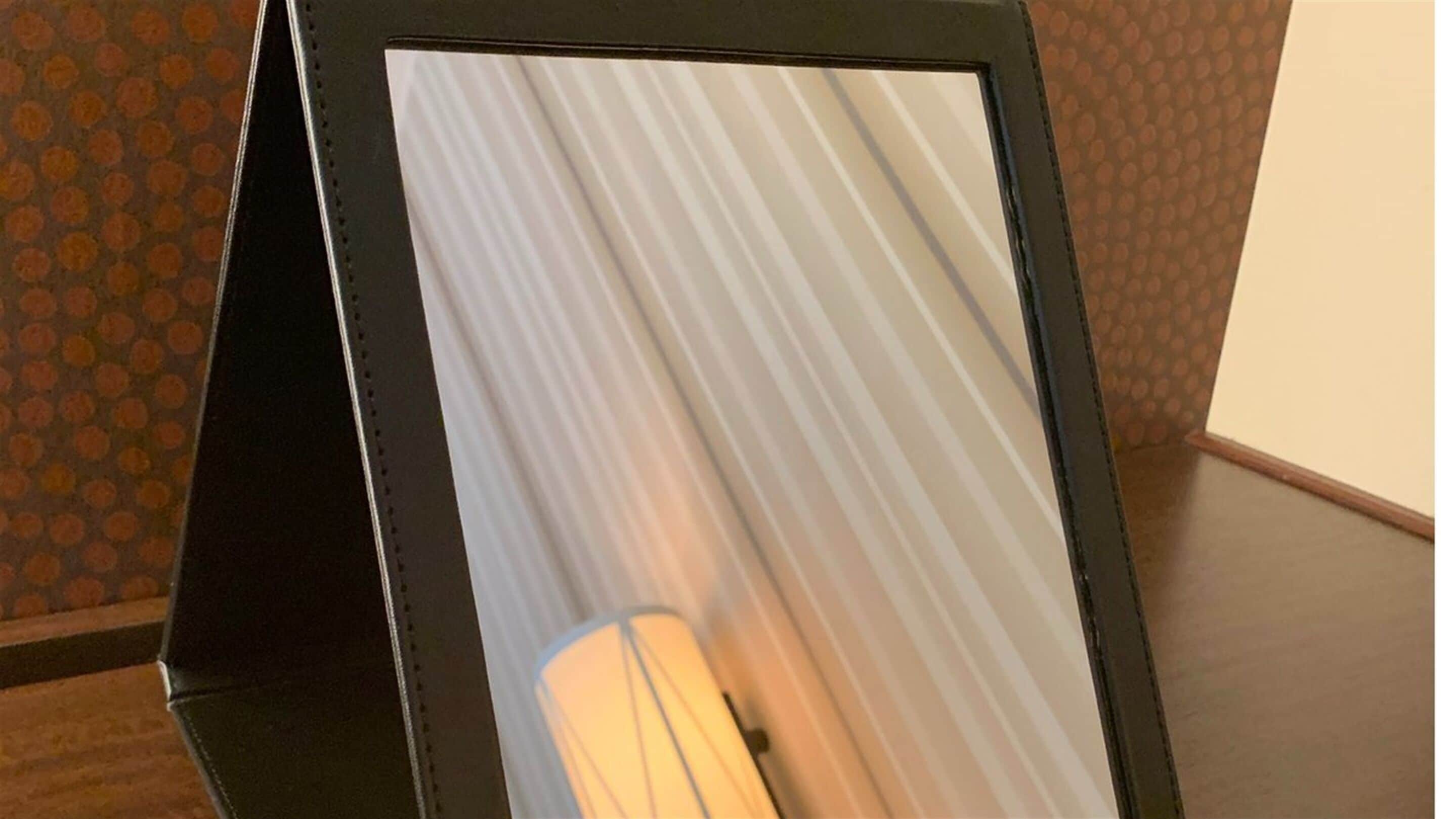 A room with a large mirror reflecting a lamp and a patterned wall.