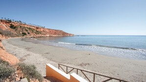 A beach with a sandy shore, a rocky cliff with sparse vegetation, and a clear blue sky.