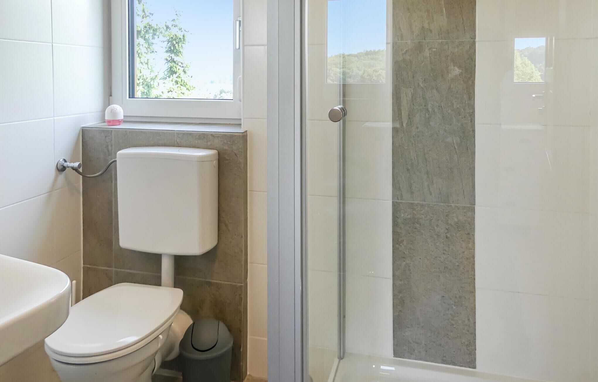 A bathroom with a toilet, bidet, and shower.