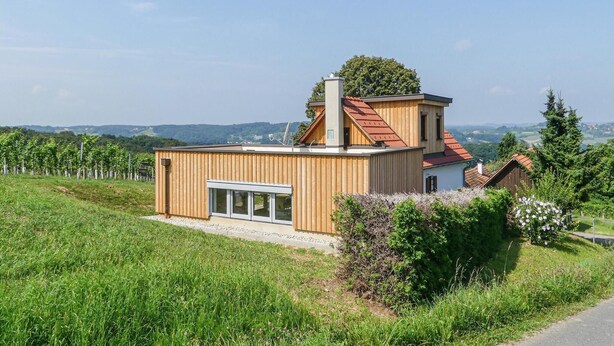 Ein modernes Holzhaus mit geneigtem Dach, Schornstein und Glastür.