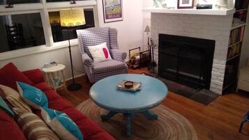 TV connectée, cheminée, lecteur de DVD, livres