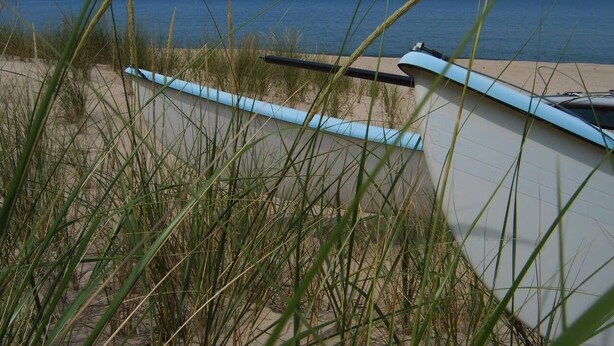 Ein Strand mit einem Boot und hohem Gras im Vordergrund.