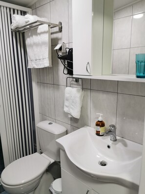 Shower, hair dryer, slippers, towels