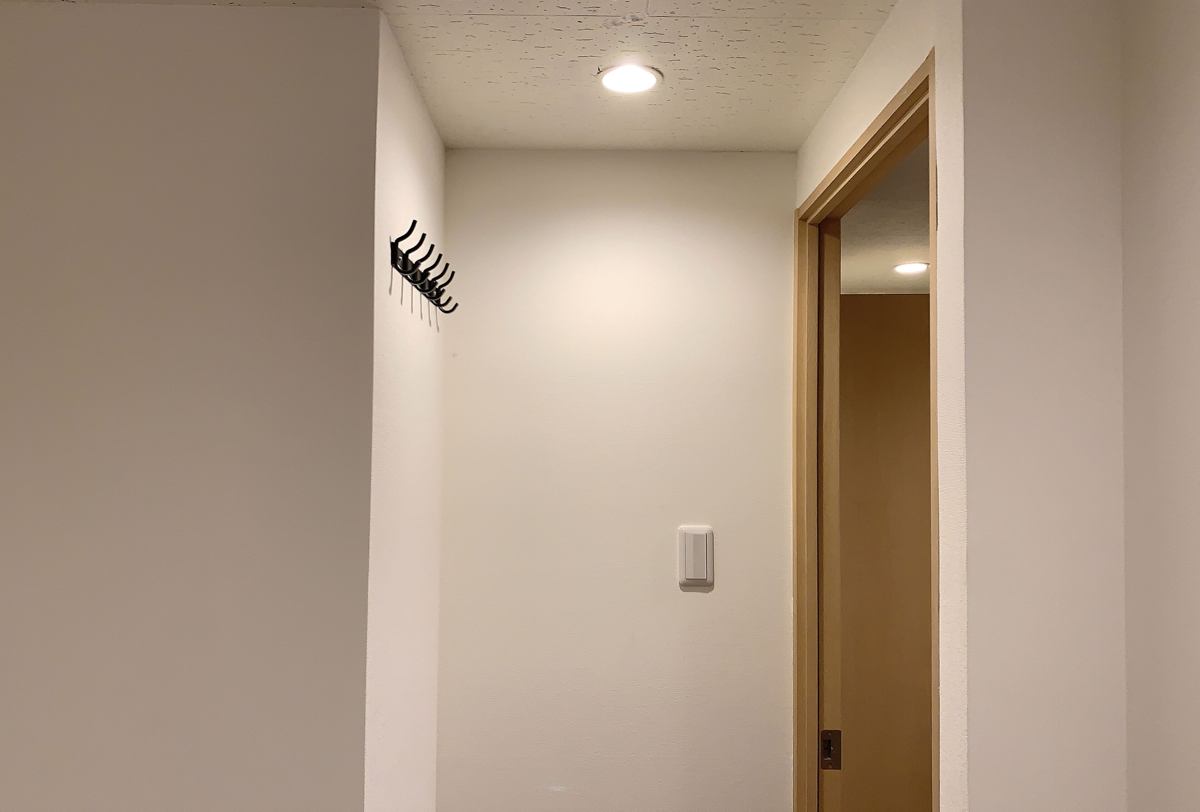 A hallway with a coat rack, a light switch, and a door.