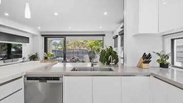 A modern kitchen with a dishwasher, a large window, and a view of the outdoors.