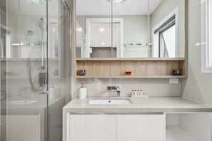 Douche, sèche-cheveux, shampoing
