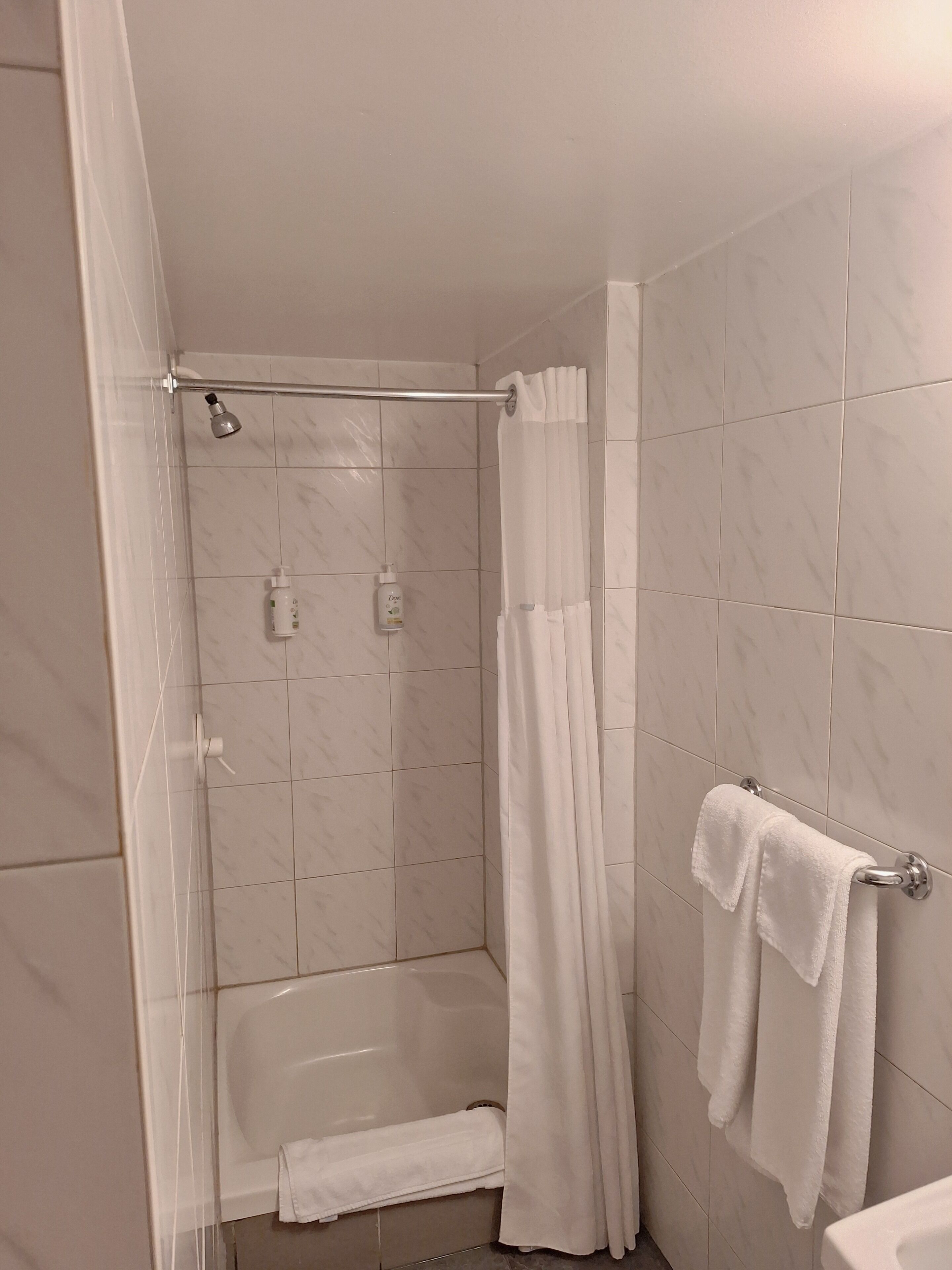 A shower area with a glass door, a handheld showerhead, a towel rack with towels, and a bottle of shampoo on the wall.