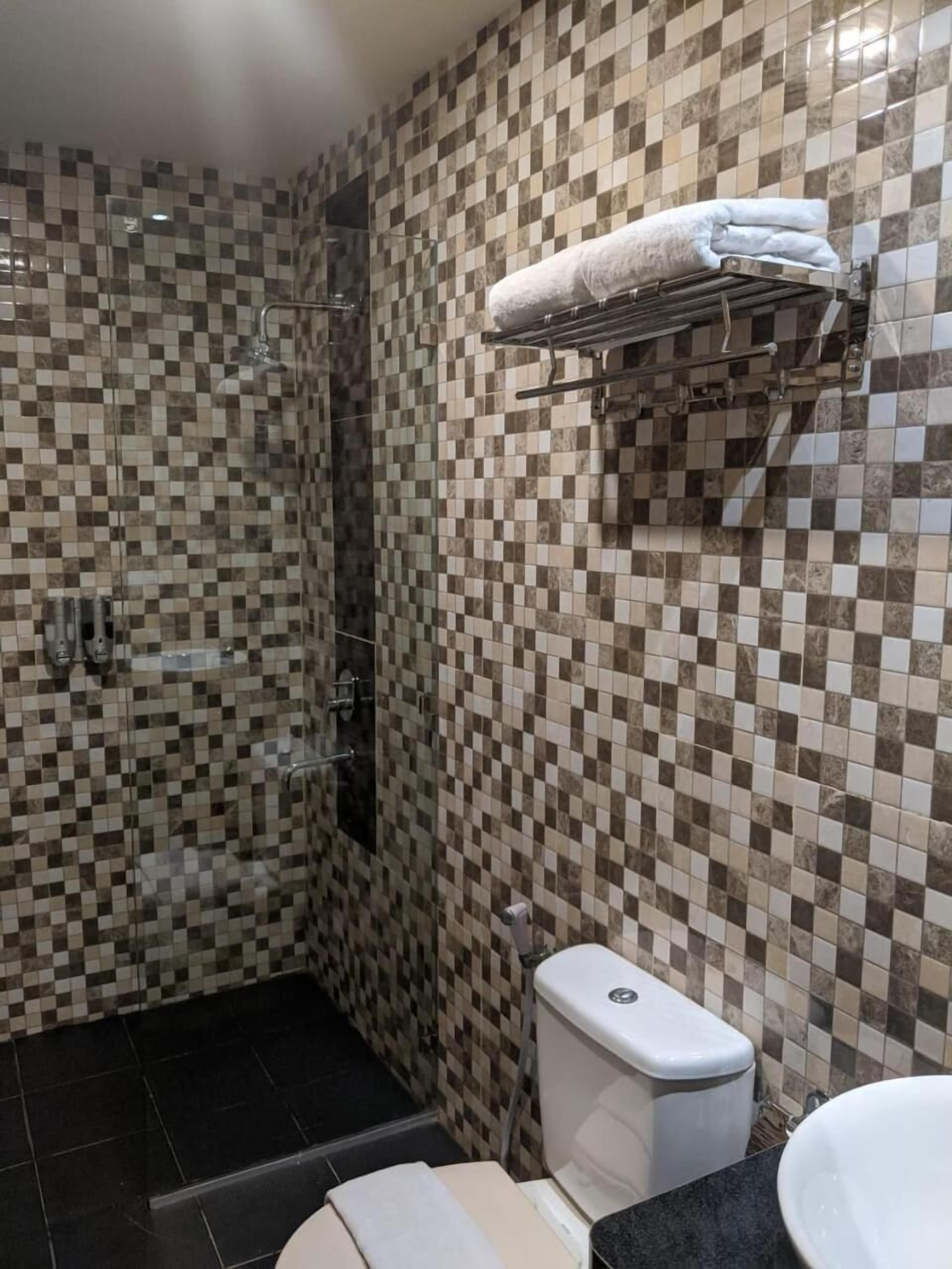 Ein Badezimmer mit Wand aus Schachbrettfliesen, einer Dusche, einer Toilette und einem Handtuchhalter.