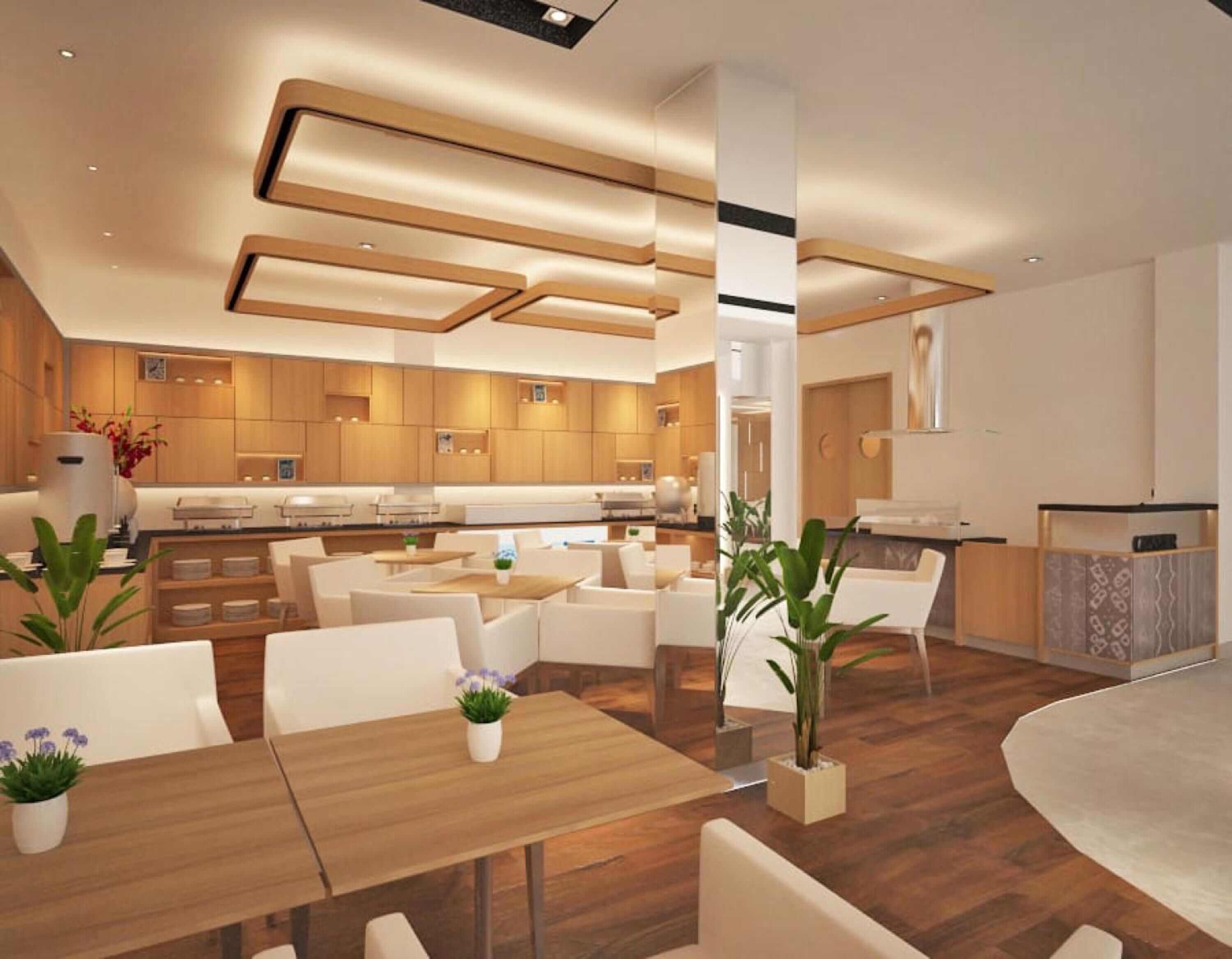 Een moderne keuken met houten kasten, een eethoek met witte meubels en een bar.