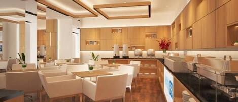 A modern hotel lobby with wooden flooring, white furniture, and a central counter area.