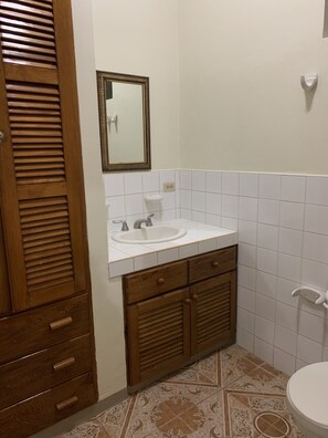 Douche, séchoir à cheveux, serviettes fournies, savon