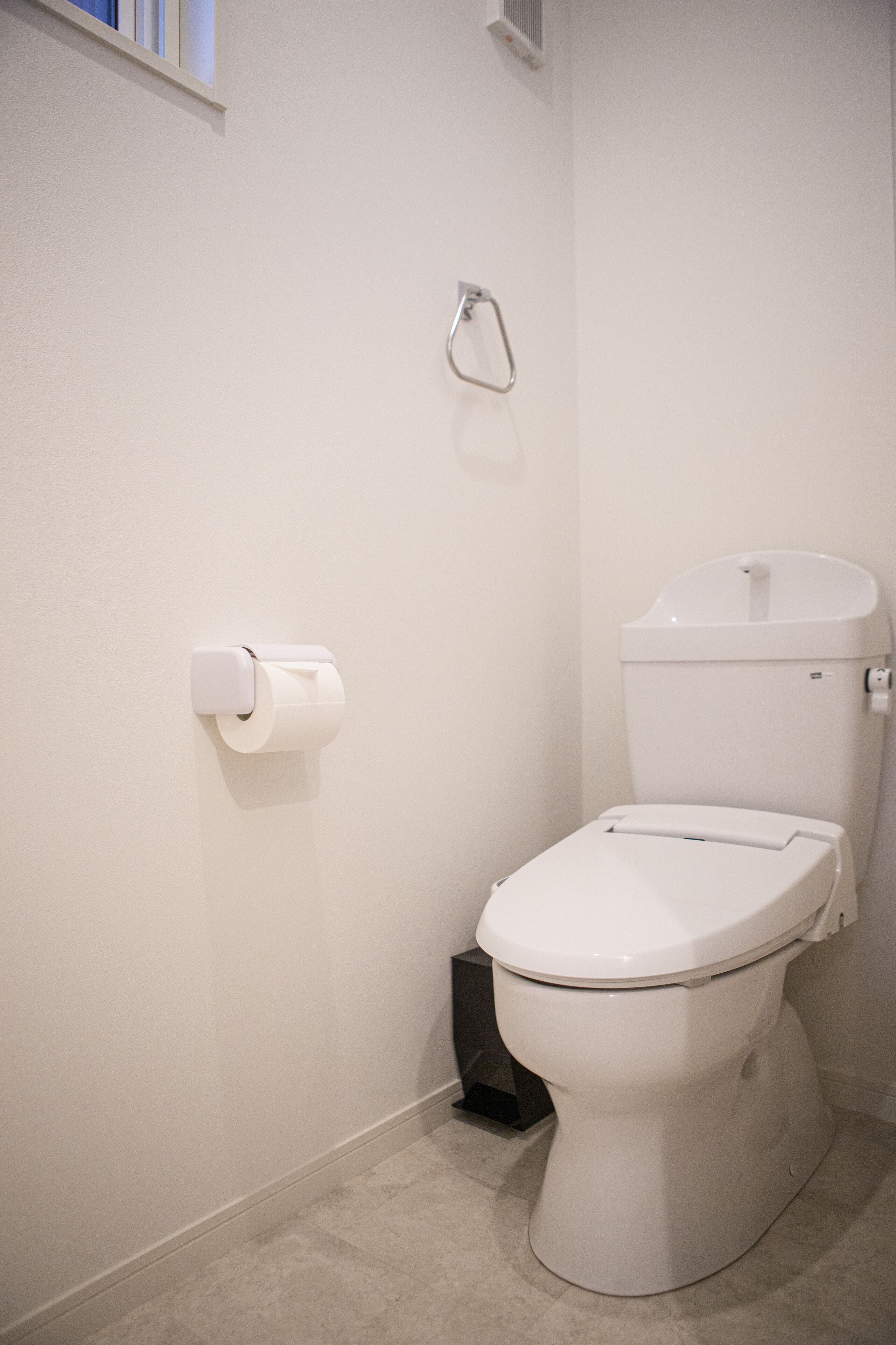 Sanitário branco com botão de descarga e rolo de papel higiénico preso na parede.