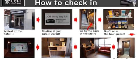 A hotel check-in process with a reception desk, a reception counter, and a tour guide stand.