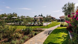 Un jardin bien entretenu, agrémenté d’un chemin en pierre, d’un espace détente extérieur et d’un coin piscine.
