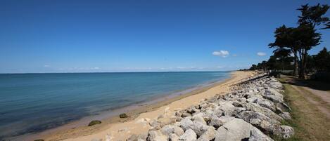 On the beach, sun loungers