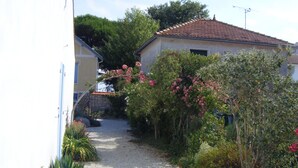 A gravel path leading to a house with a tiled roof, surrounded by lush greenery and flowering plants. - Henriette, between beach and market (La Brée-les-Bains)