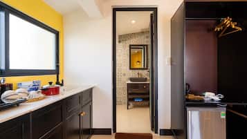 Panoramic Studio | Private kitchen | Fridge, microwave, electric kettle
