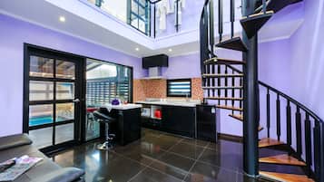 Fridge, microwave, stovetop, electric kettle