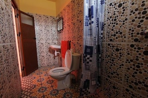 Shower, towels, soap, toilet paper