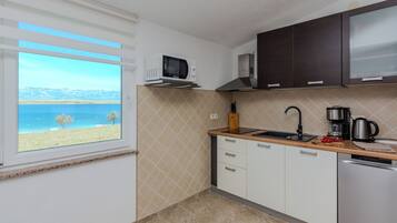 Apartment, Sea View (A3) | Private kitchen | Full-size fridge, microwave, stovetop, electric kettle