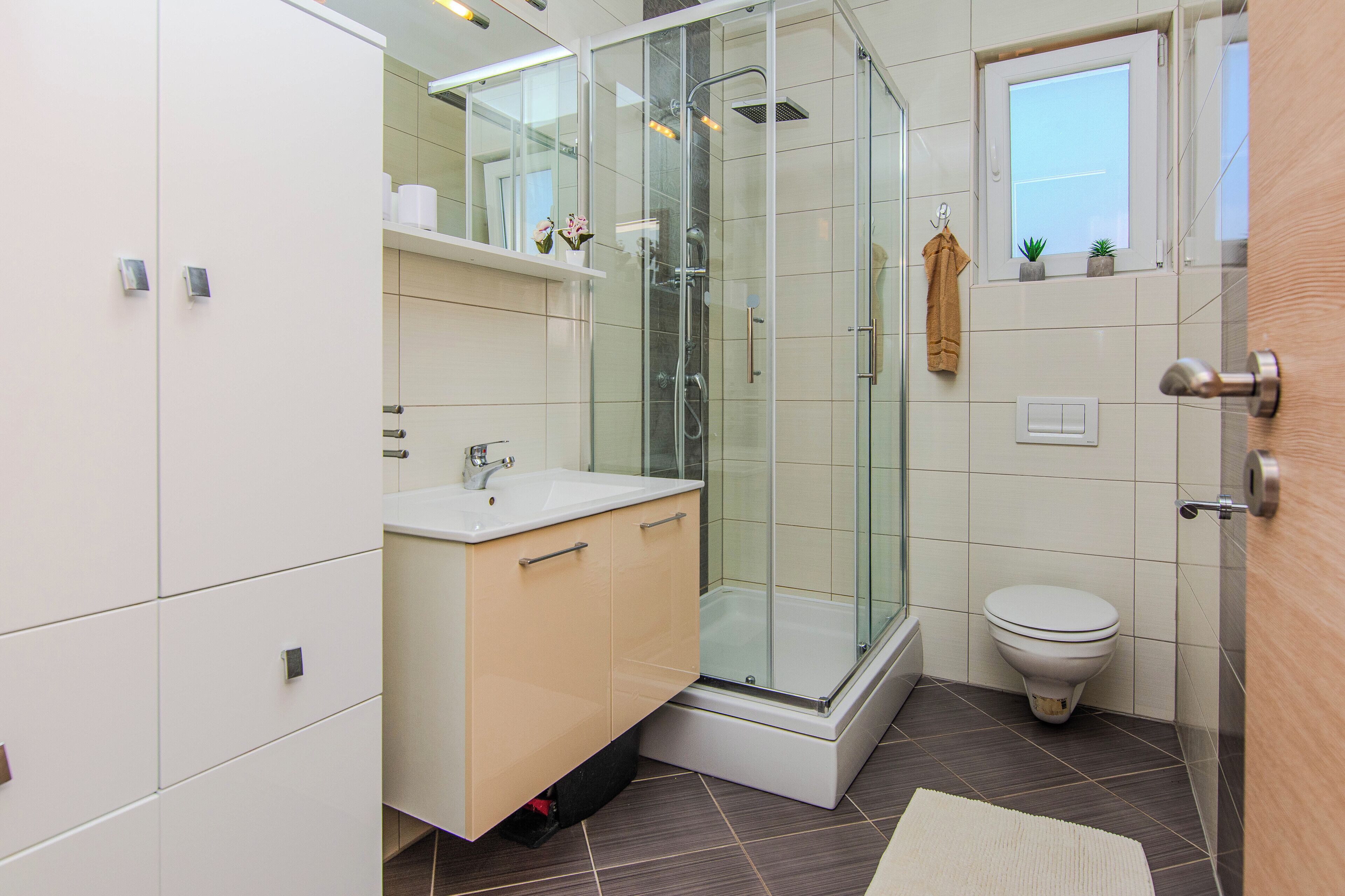 A modern bathroom with a glass-enclosed shower, a toilet, and a sink with a mirror above.